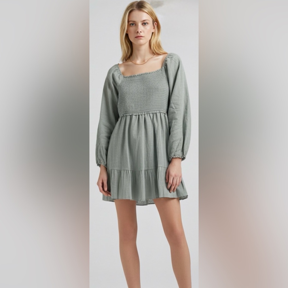 Altar'd State Sage Green Peasant Sleeve Mini Dress with Bow Back. Size Large.